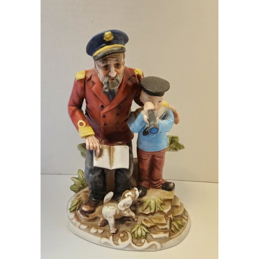 Vintage Capodimonte Style Old Sailor With Boy And Dog VGC JAPAN